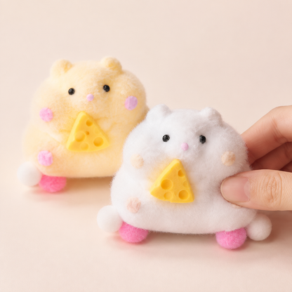 Hand pressing white chubby hamster beside yellow variant