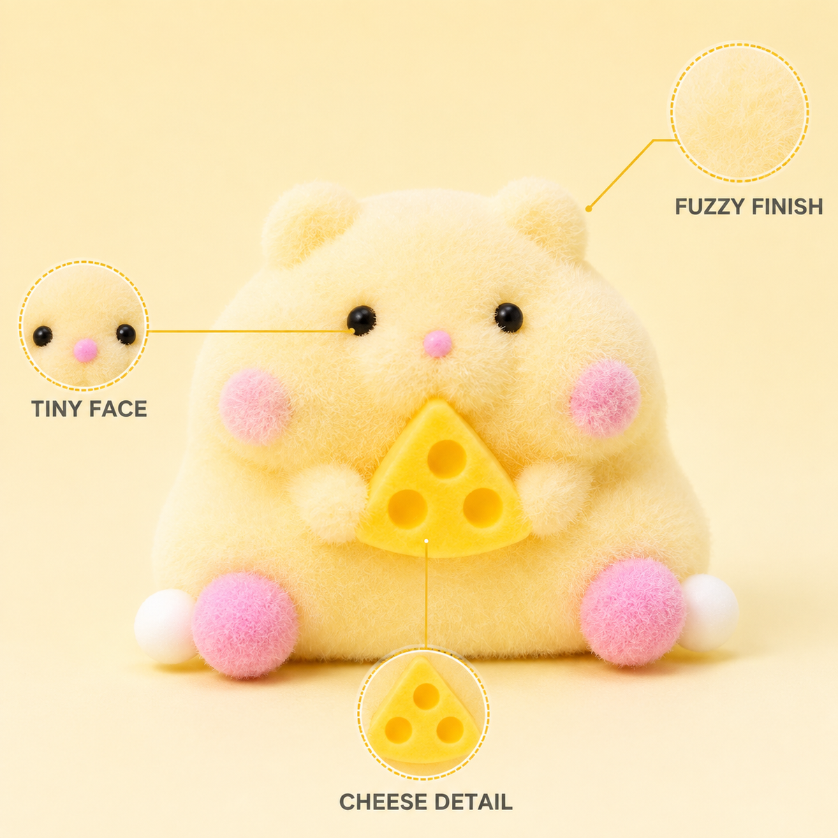 Yellow chubby hamster fuzzy finish face and cheese details