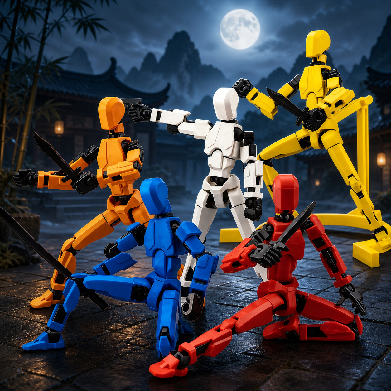 Five multi-jointed action figures in a moonlit wuxia courtyard — Cinq figurines articulées dans une cour wuxia au clair de lune