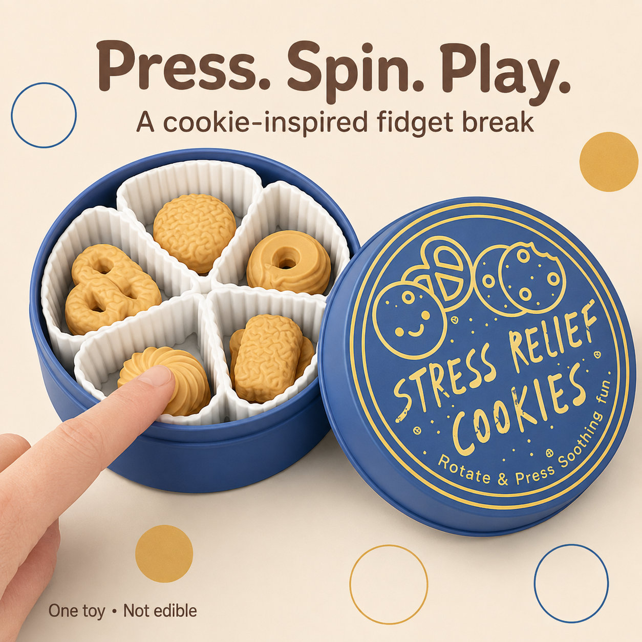 Cookie press-and-spin toy; one complete toy per selected colour