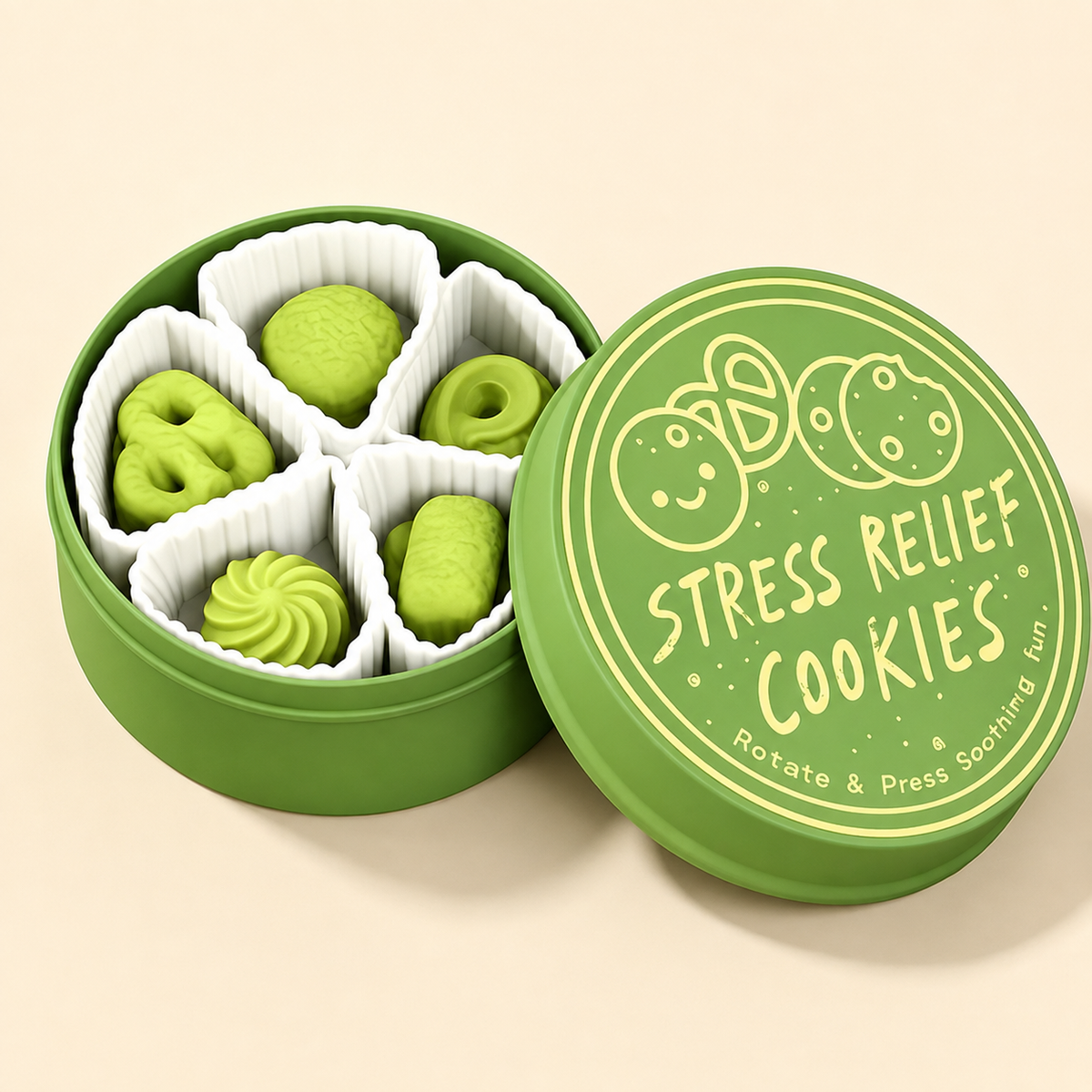 Cookie press-and-spin toy; one complete toy per selected colour