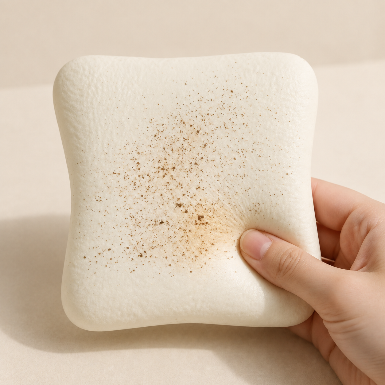 Cream-cheese toast squishy with a hand gently squeezing the lower-right corner