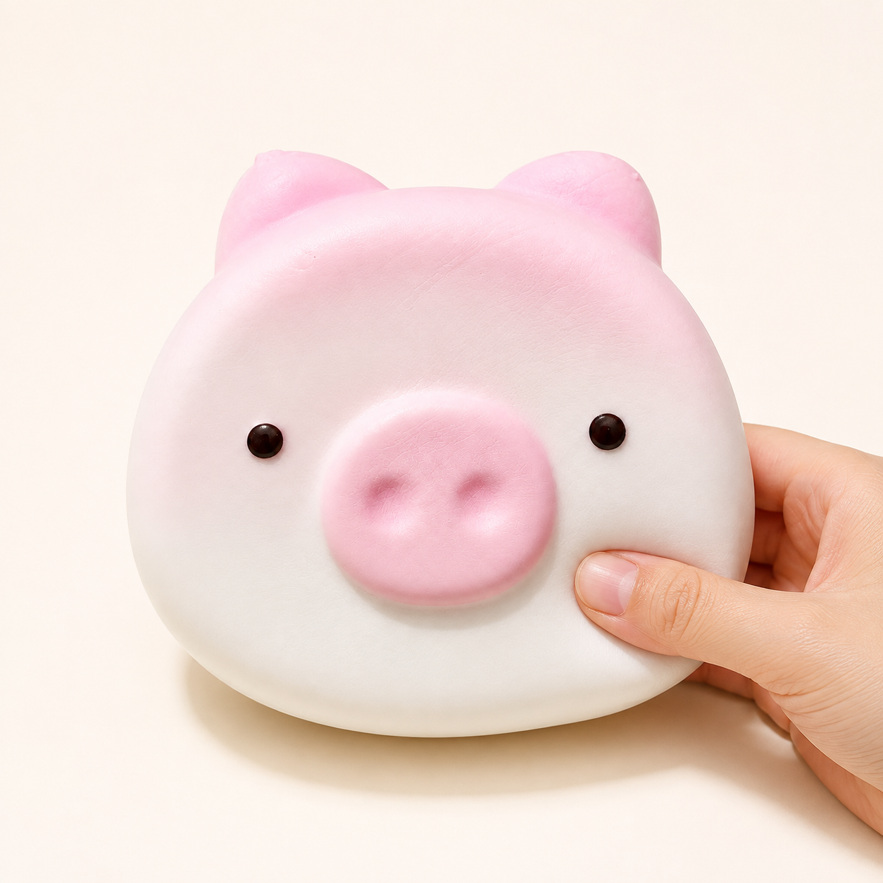 Cute pig slow-rise squishy with a hand gently squeezing the lower-right side