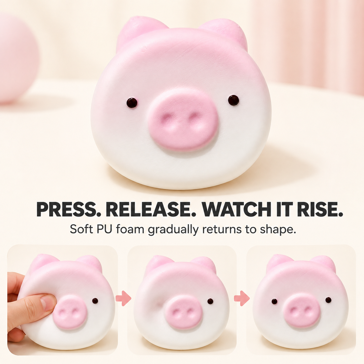 Cute pig slow-rise squishy press release and rise action guide