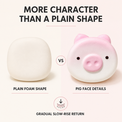 Cute pig character squishy compared with a plain foam shape