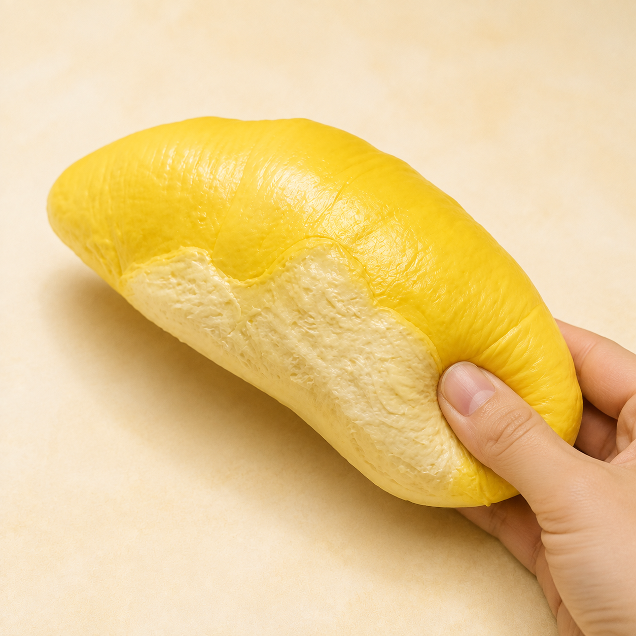 Durian fruit-segment squishy with a hand gently squeezing the lower-right end