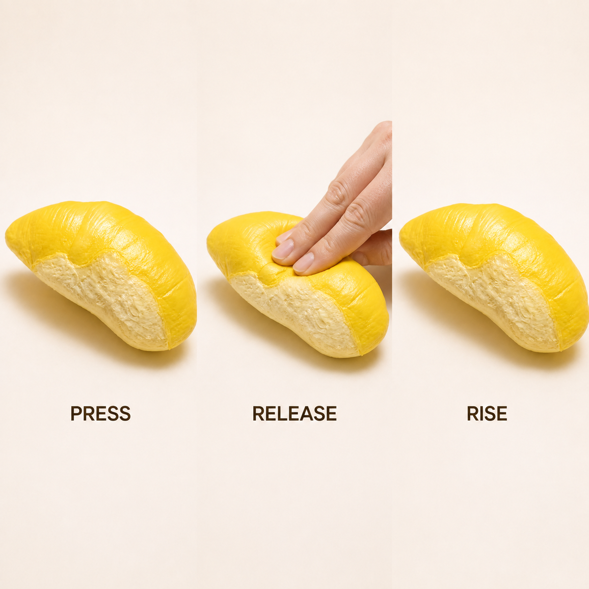 Durian fruit-segment squishy press release and rise action guide