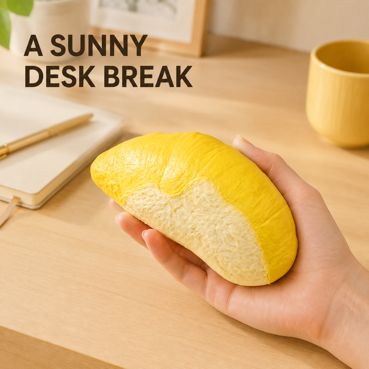 Durian fruit-segment squishy in a sunny home-office scene