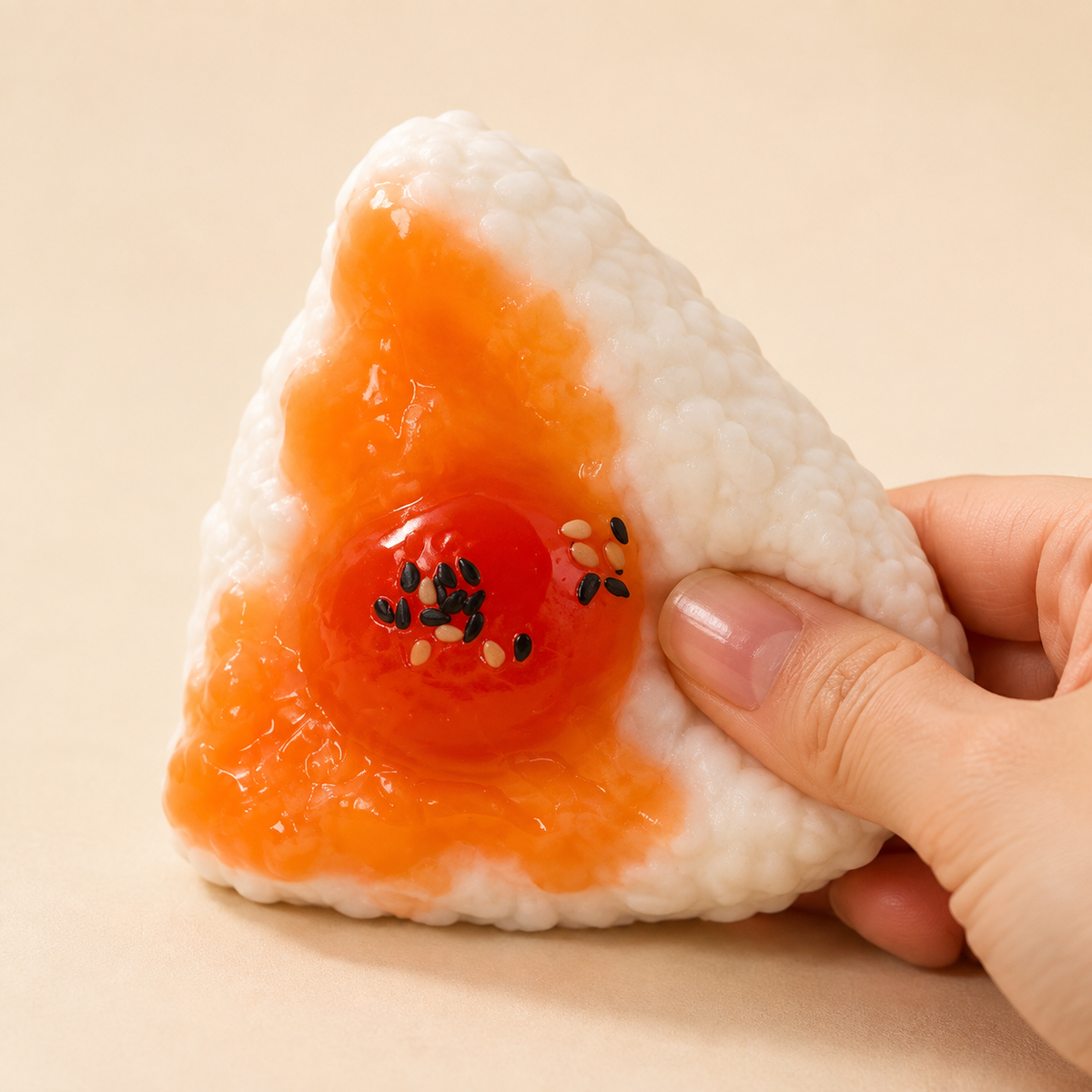 Hand pressing an egg rice-ball sensory squeeze toy