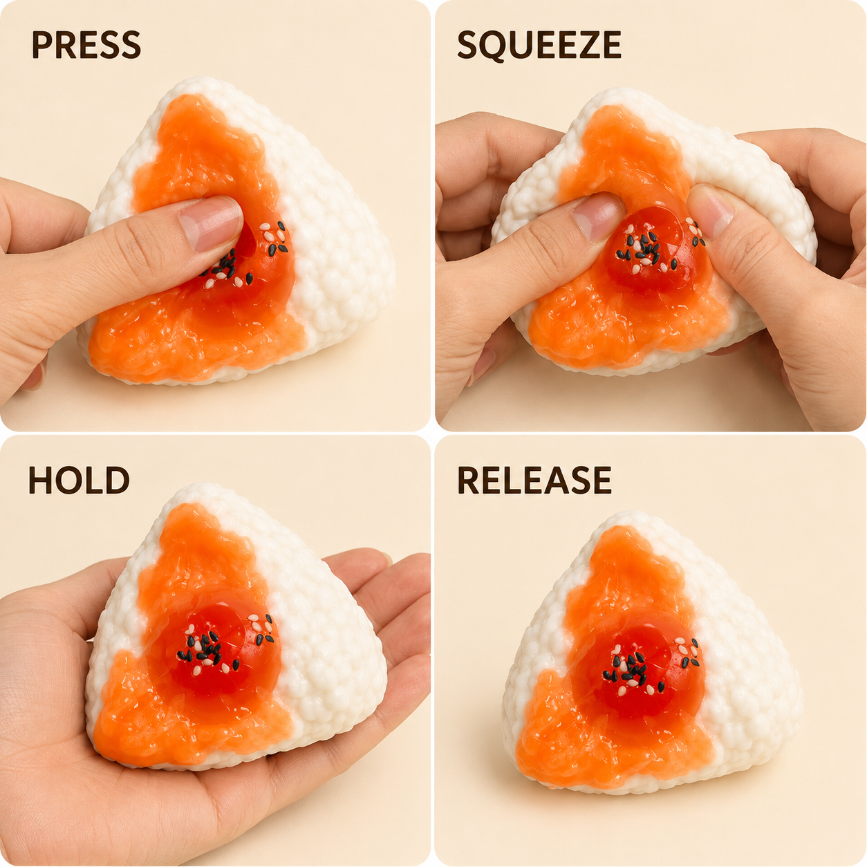 Egg rice-ball toy press squeeze hold and release guide