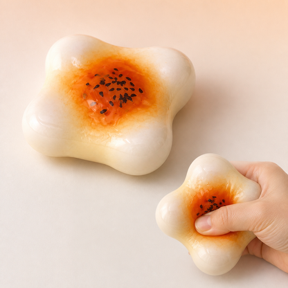 Egg-yolk pastry fluid-filled sensory squishy hero with hand-squeeze demonstration