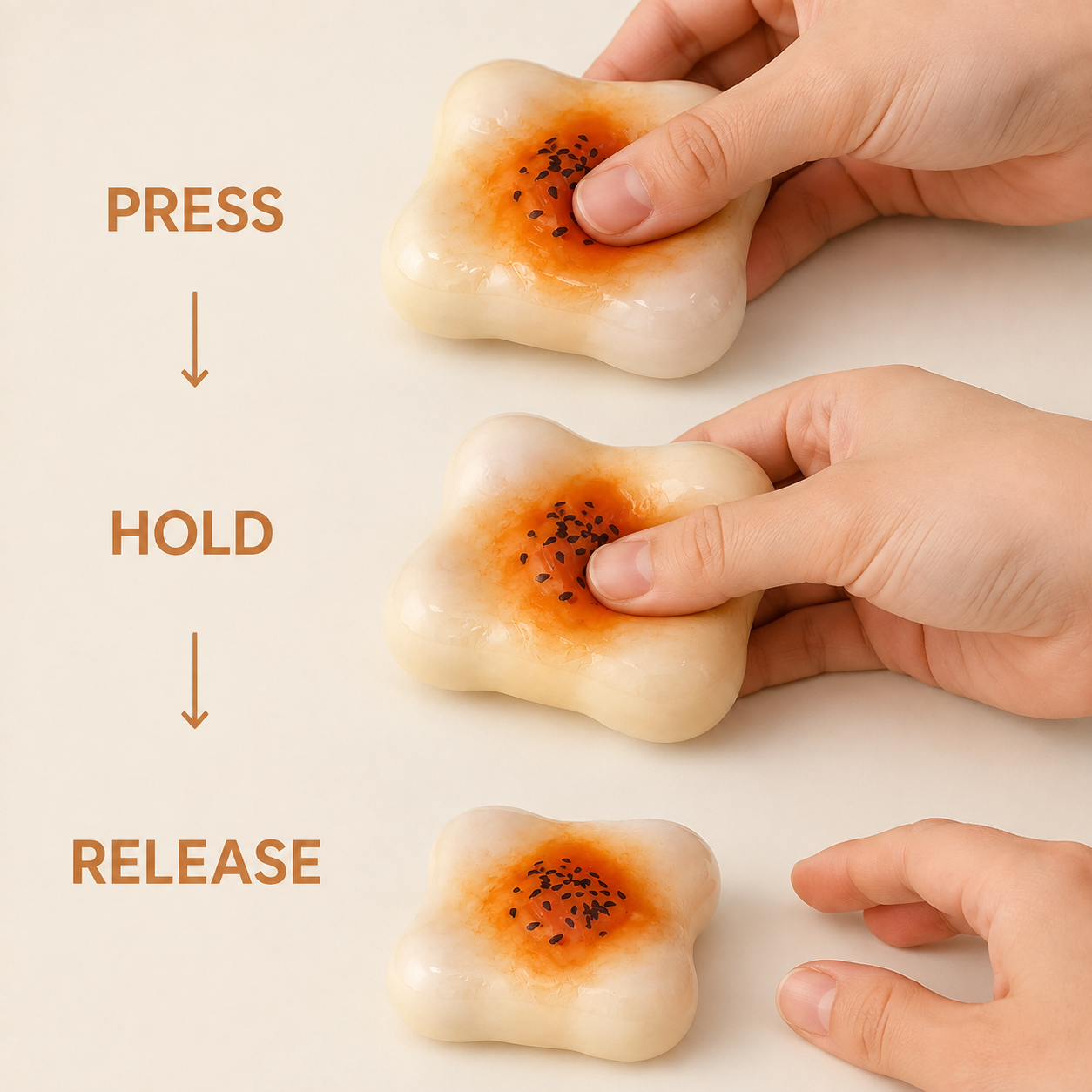 Egg-yolk pastry fluid-filled sensory squishy press hold release guide