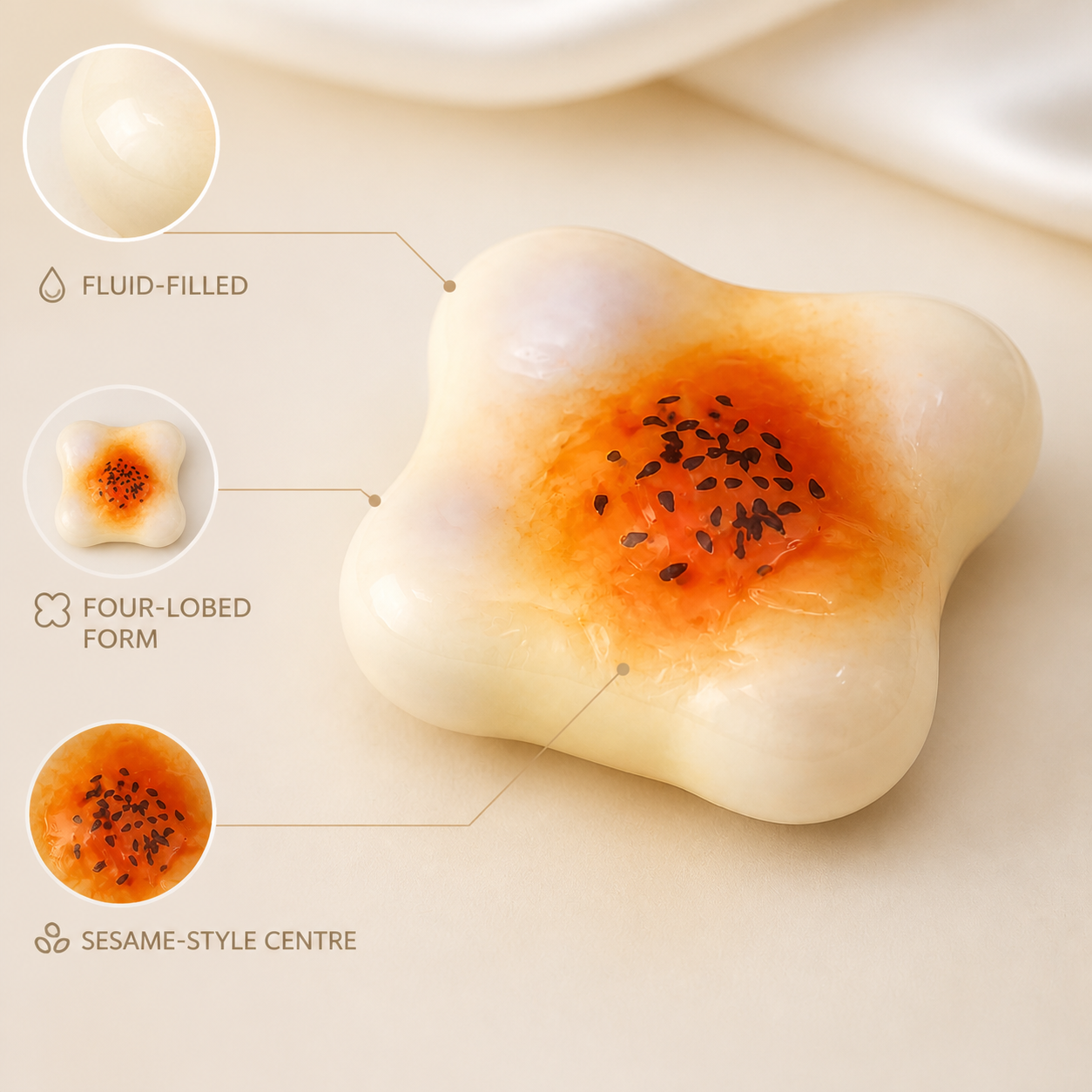 Egg-yolk pastry fluid-filled sensory squishy features