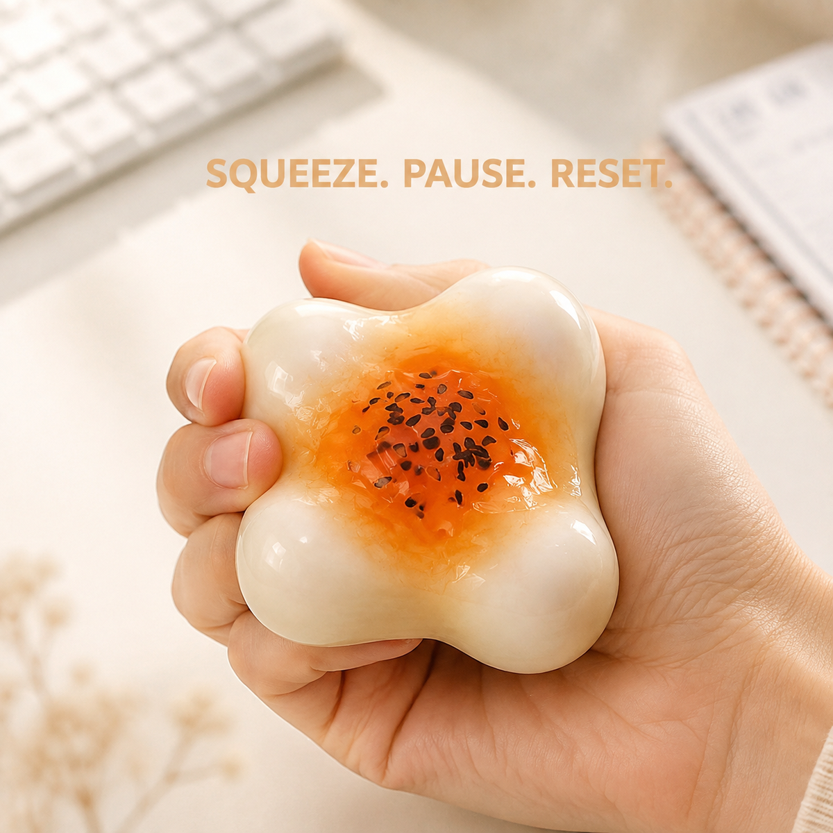 Egg-yolk pastry fluid-filled sensory squishy lifestyle use