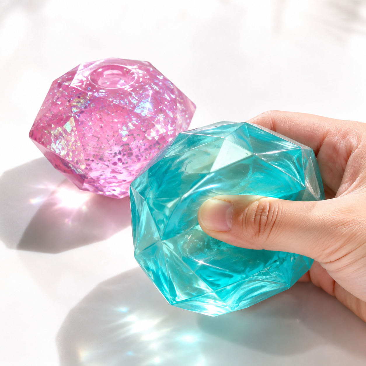 Two faceted gel gem styles with a hand squeezing the aqua faceted cube