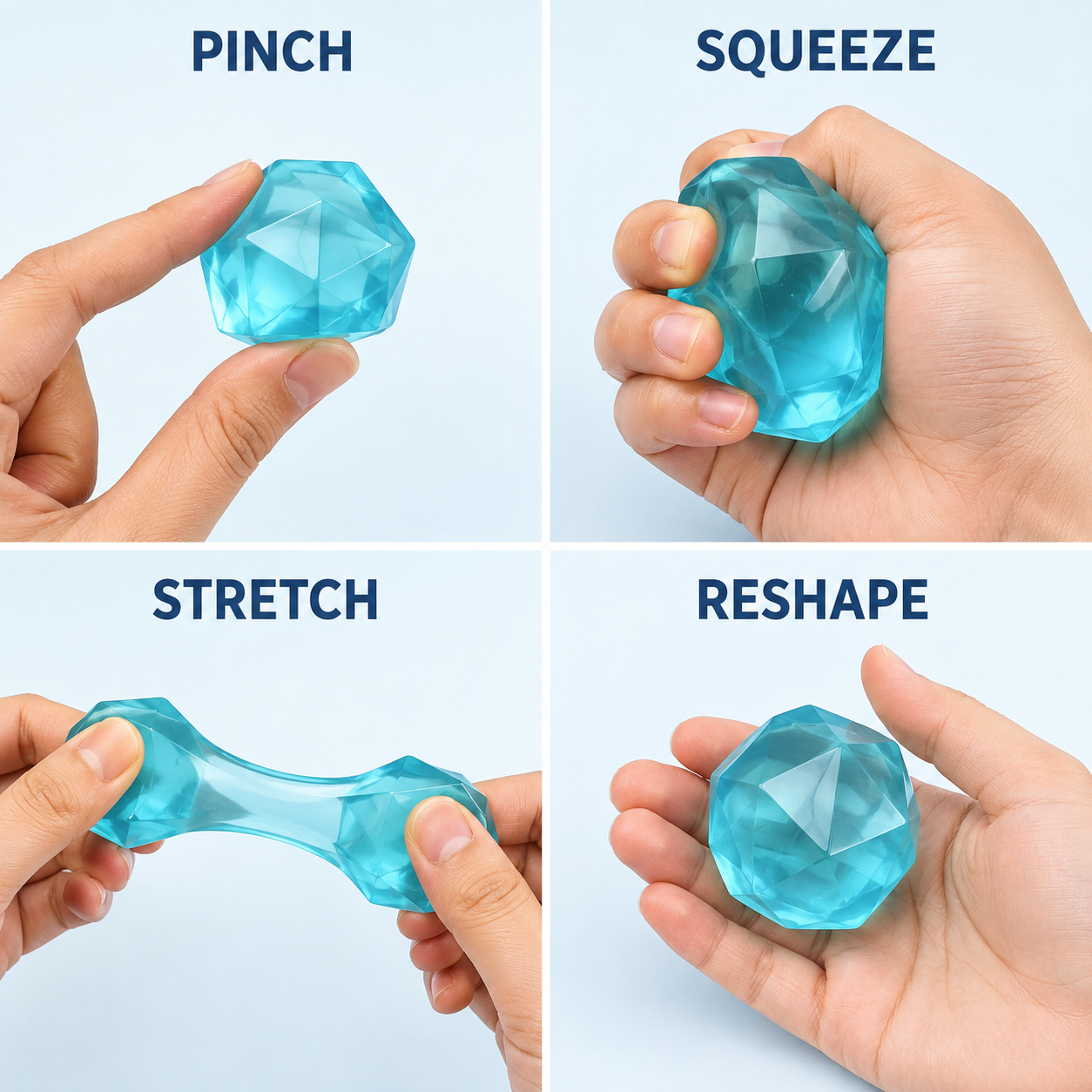 Aqua faceted gel cube pinch squeeze stretch and reshape guide