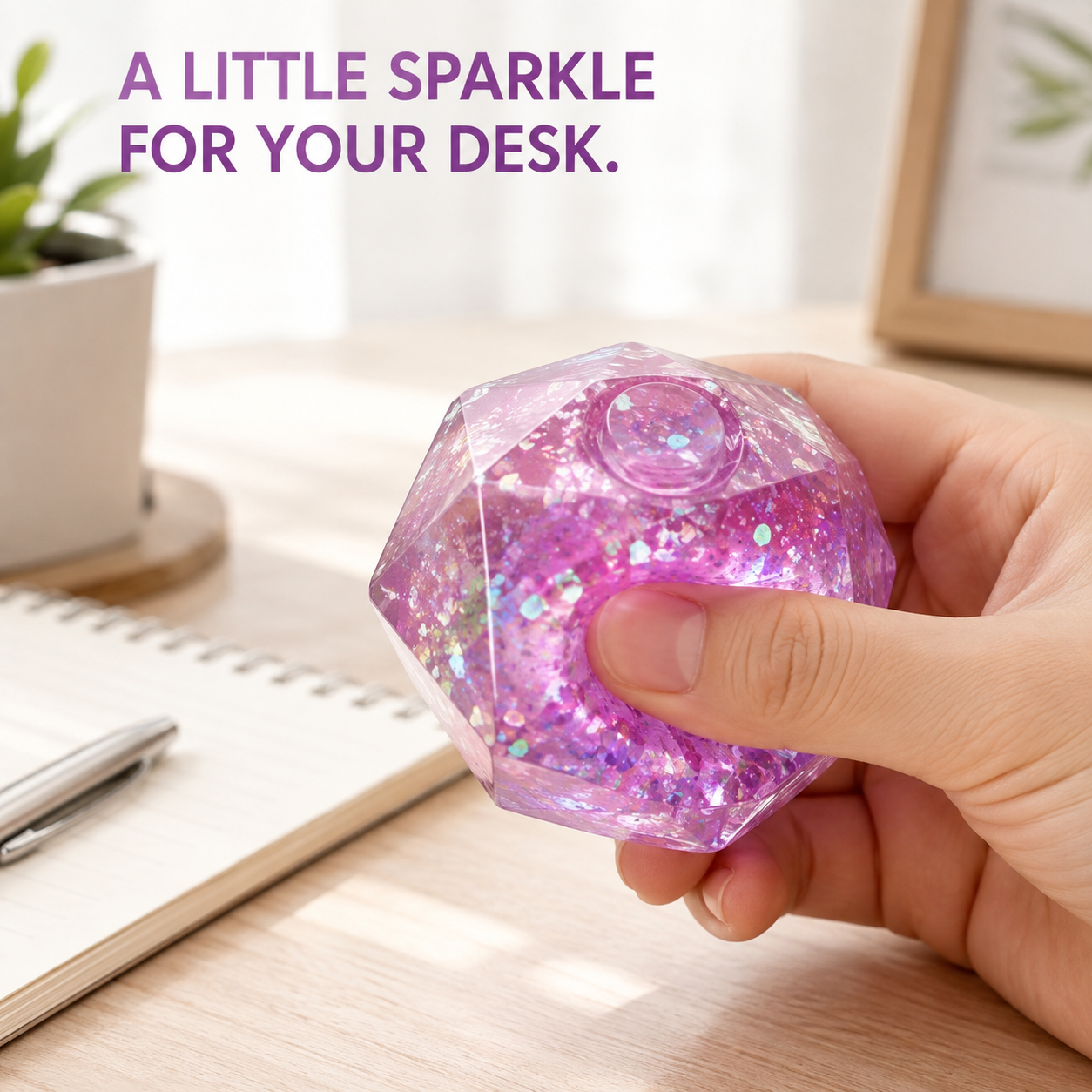 Pink glitter diamond gel toy in a bright home-office scene