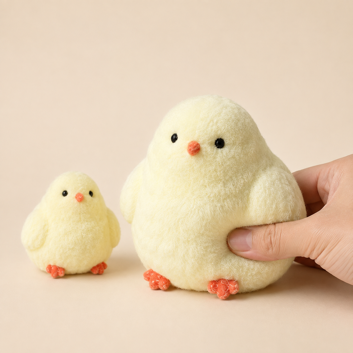 Hand pressing large fluffy chicken beside small size