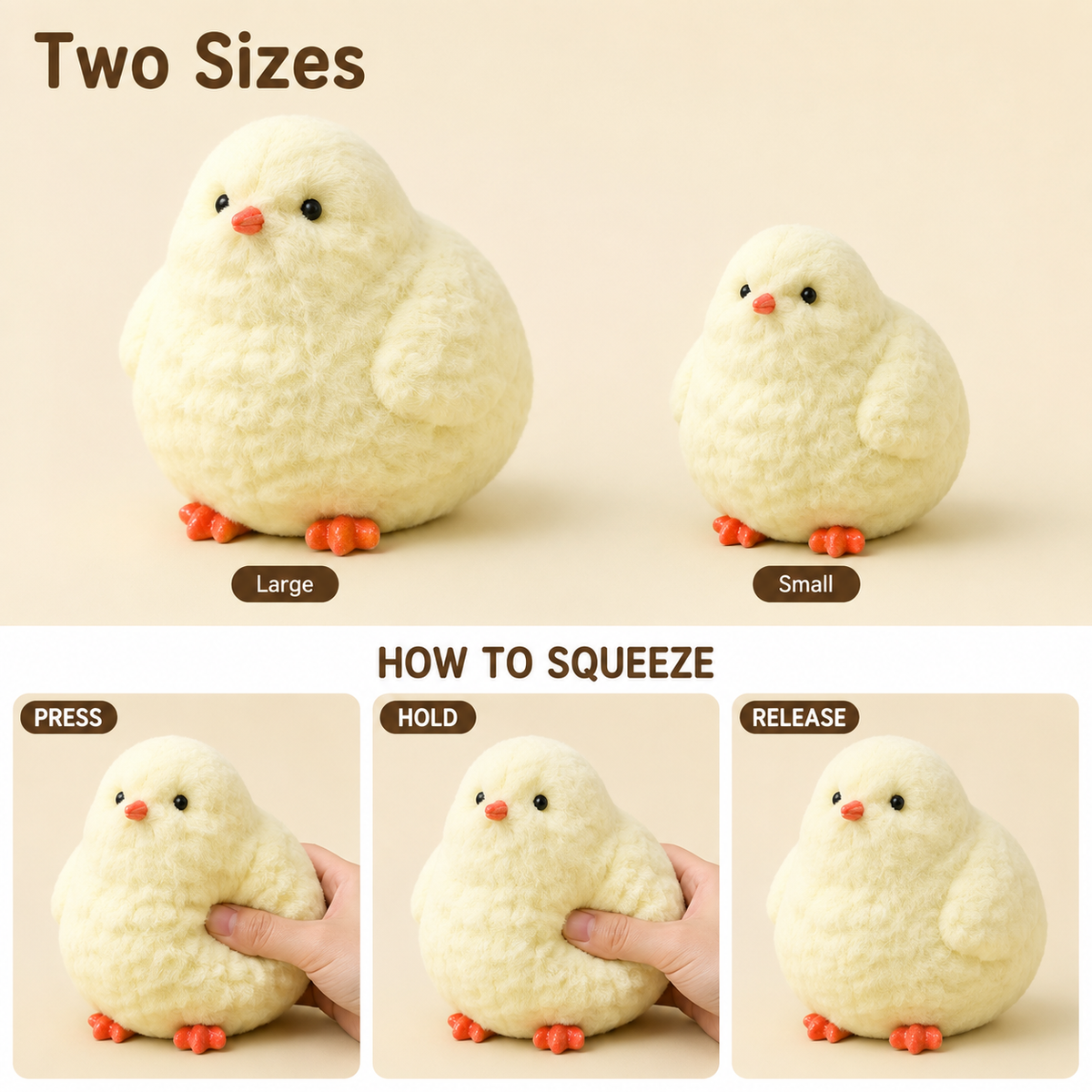 Fluffy chicken press hold and release guide