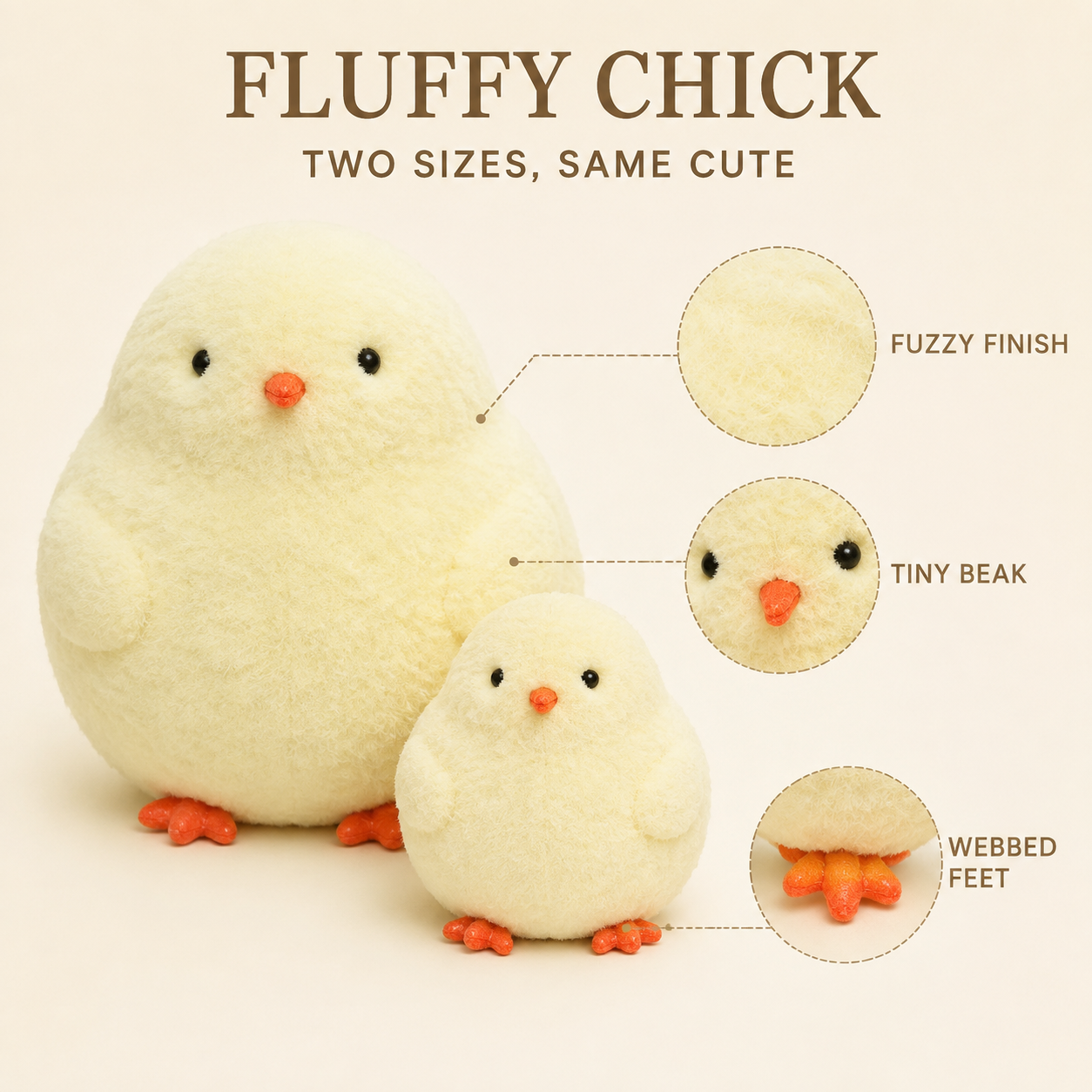 Fluffy chicken fuzzy finish beak and webbed feet details