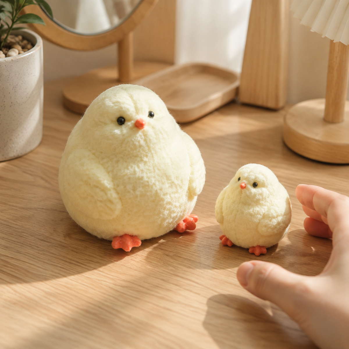 Large and small fluffy chicken squeeze toys on a cozy desk