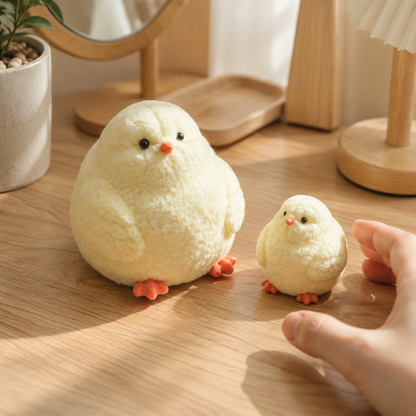 Large and small fluffy chicken squeeze toys on a cozy desk