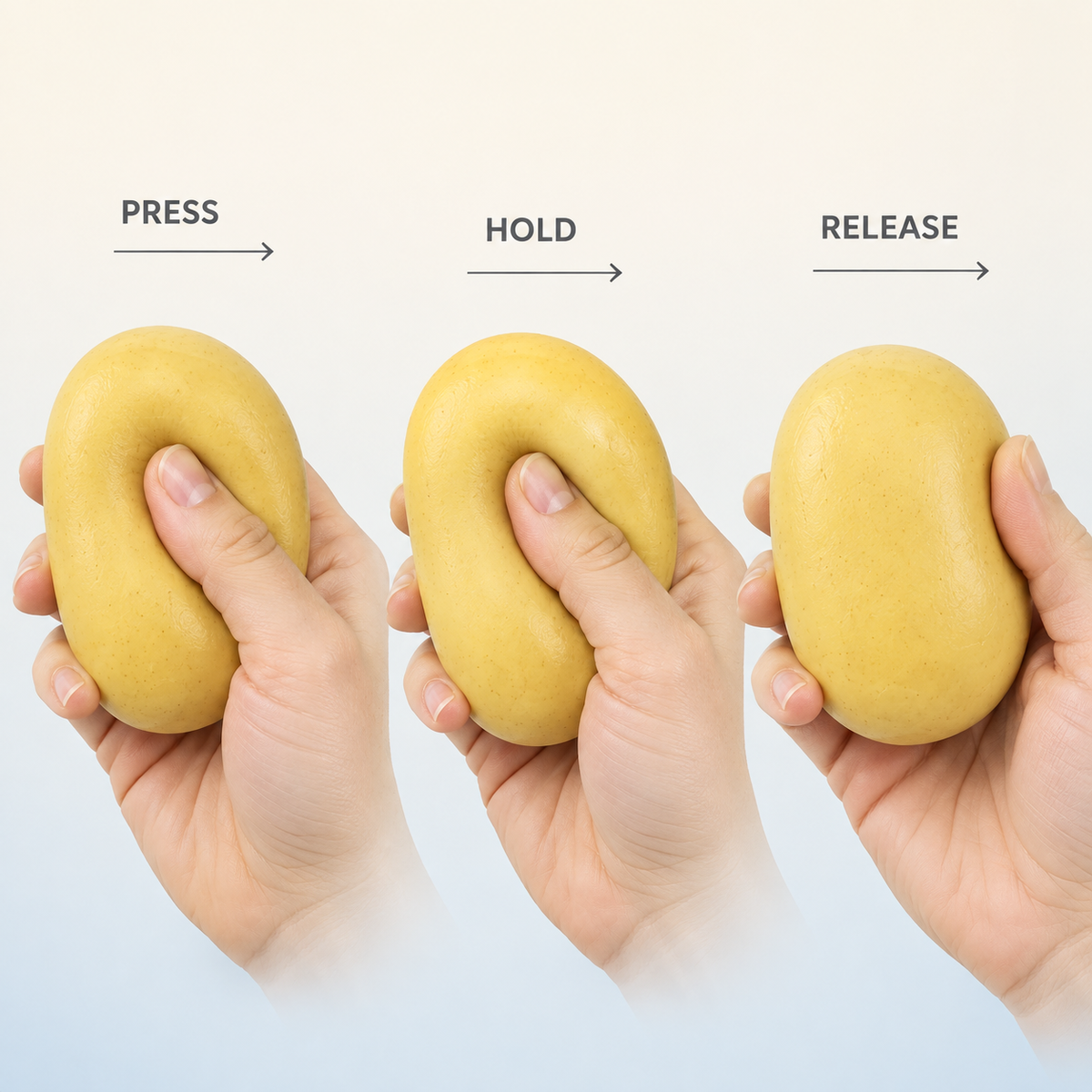 Fluid-filled small potato sensory squeeze toy press hold release guide