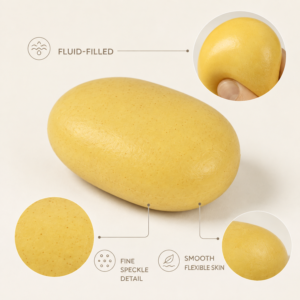 Fluid-filled small potato sensory squeeze toy features