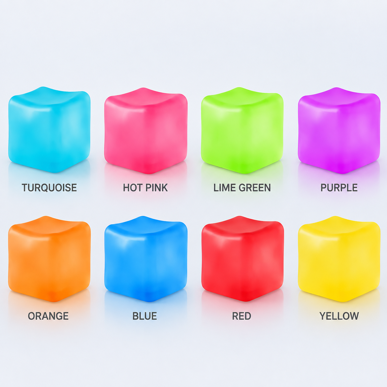 Eight frosted cube colors arranged in a labeled grid