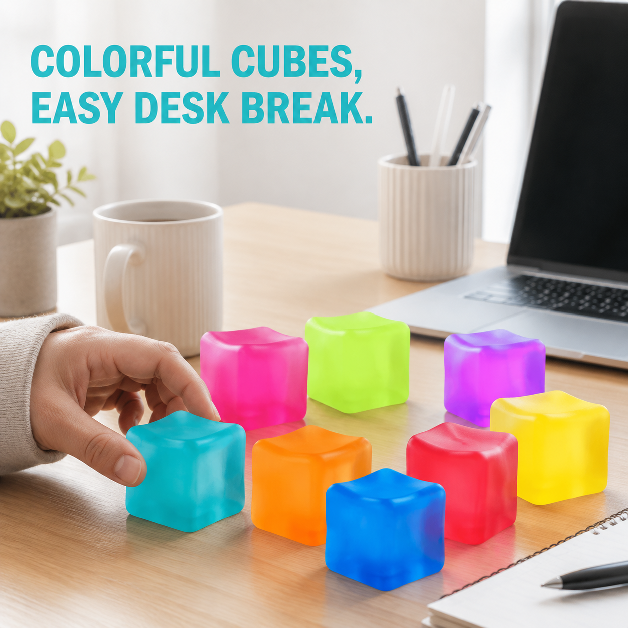 Eight colorful frosted sensory cubes on a bright home-office desk