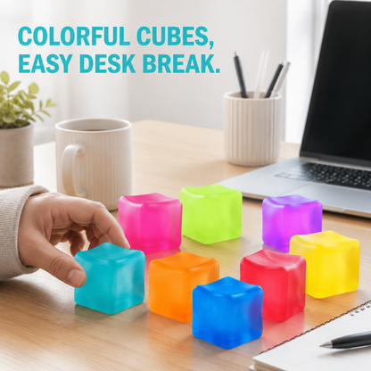 Eight colorful frosted sensory cubes on a bright home-office desk