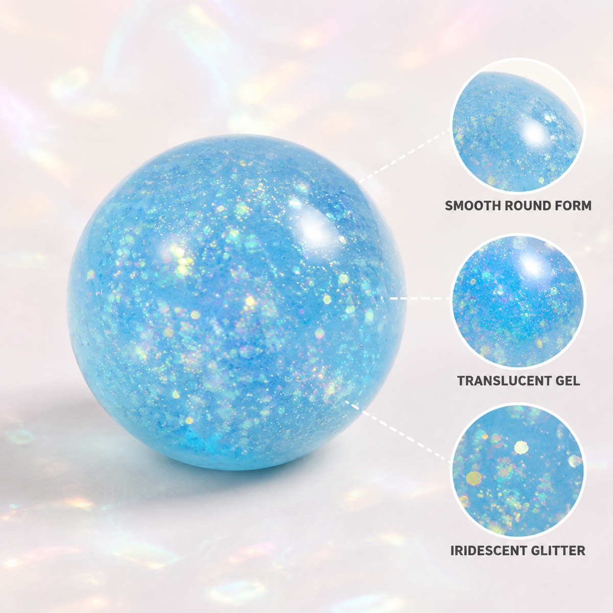 Blue glitter ball smooth form translucent gel and glitter details
