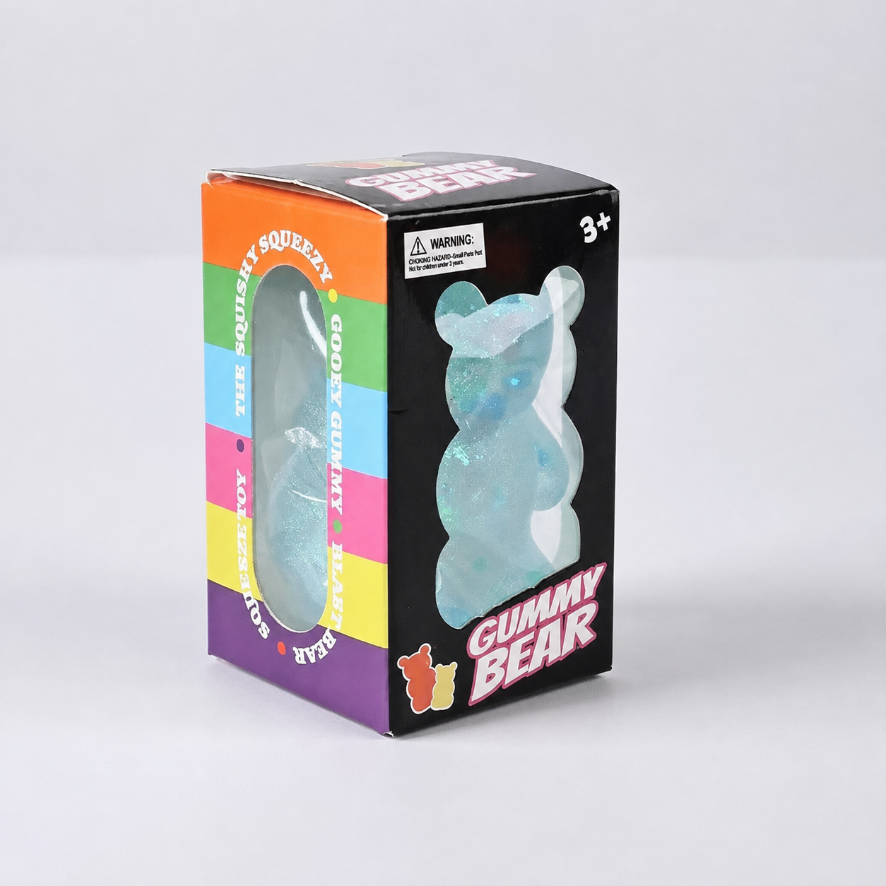 Blue glitter gummy bear in retail box, supplier watermark removed