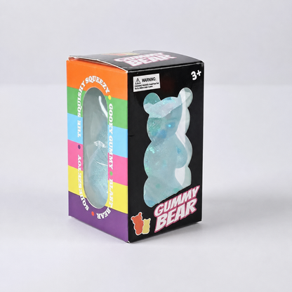 Blue glitter gummy bear in retail box, supplier watermark removed