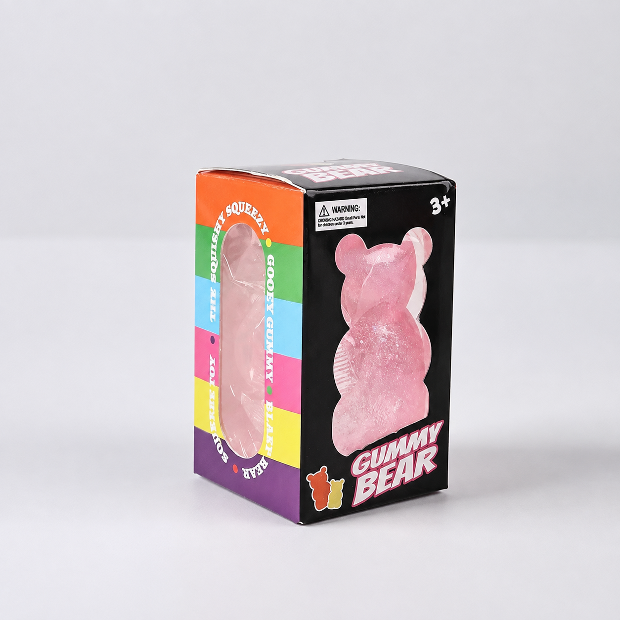 Pink glitter gummy bear in retail box, supplier watermark removed