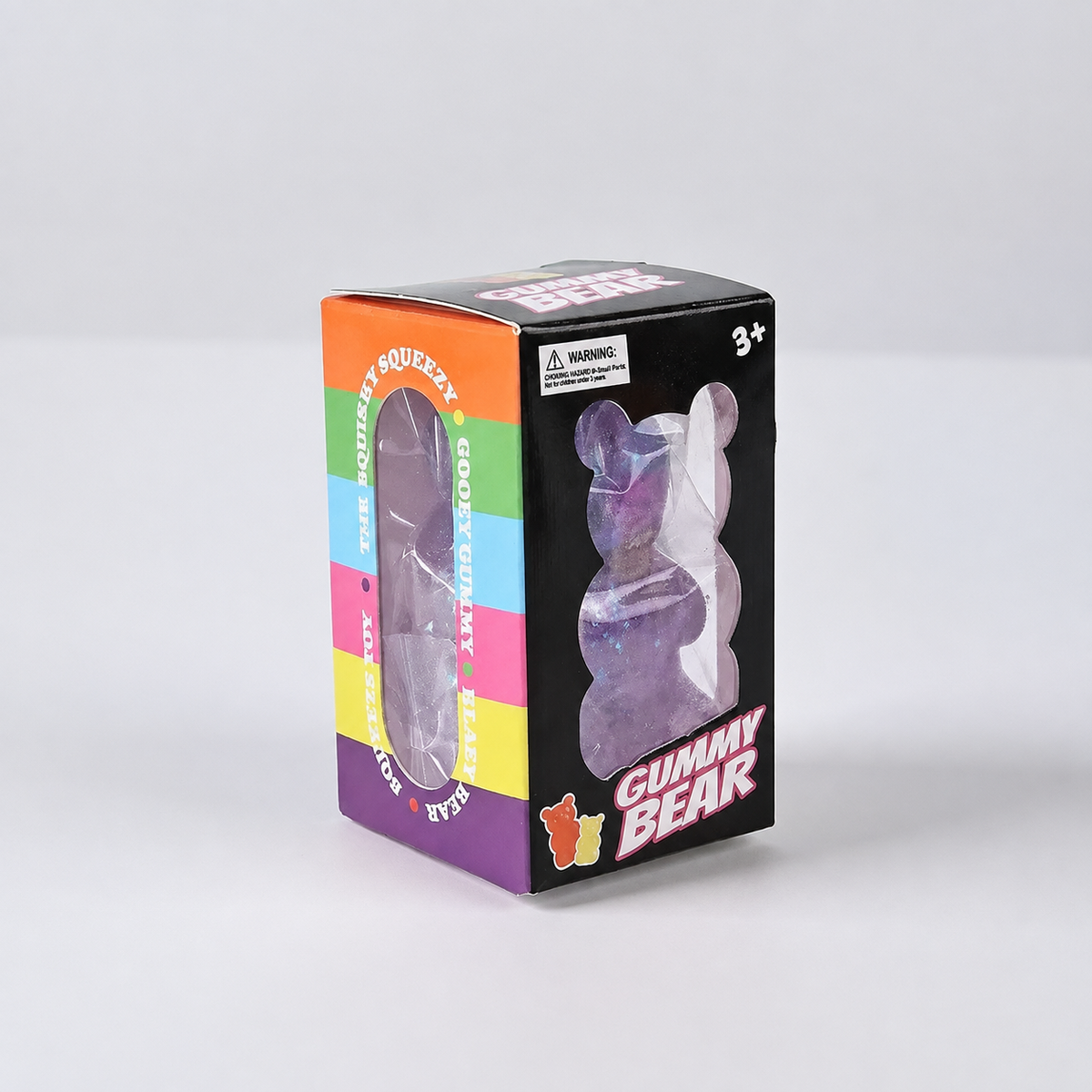 Purple glitter gummy bear in retail box, supplier watermark removed