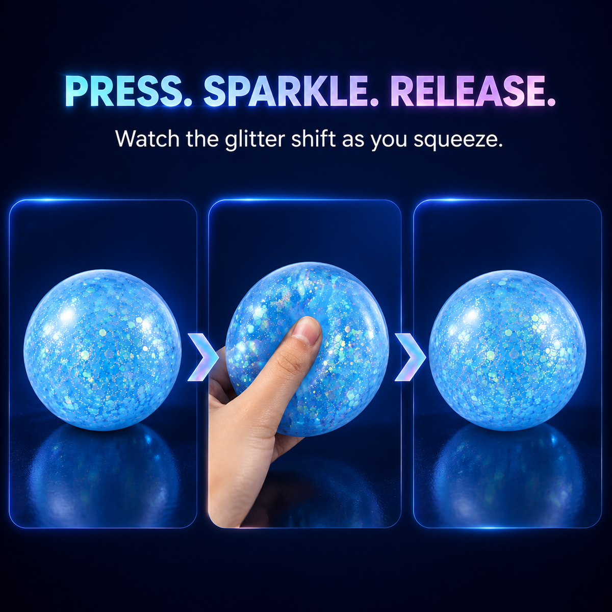 Glitter gel ball press sparkle and release sequence