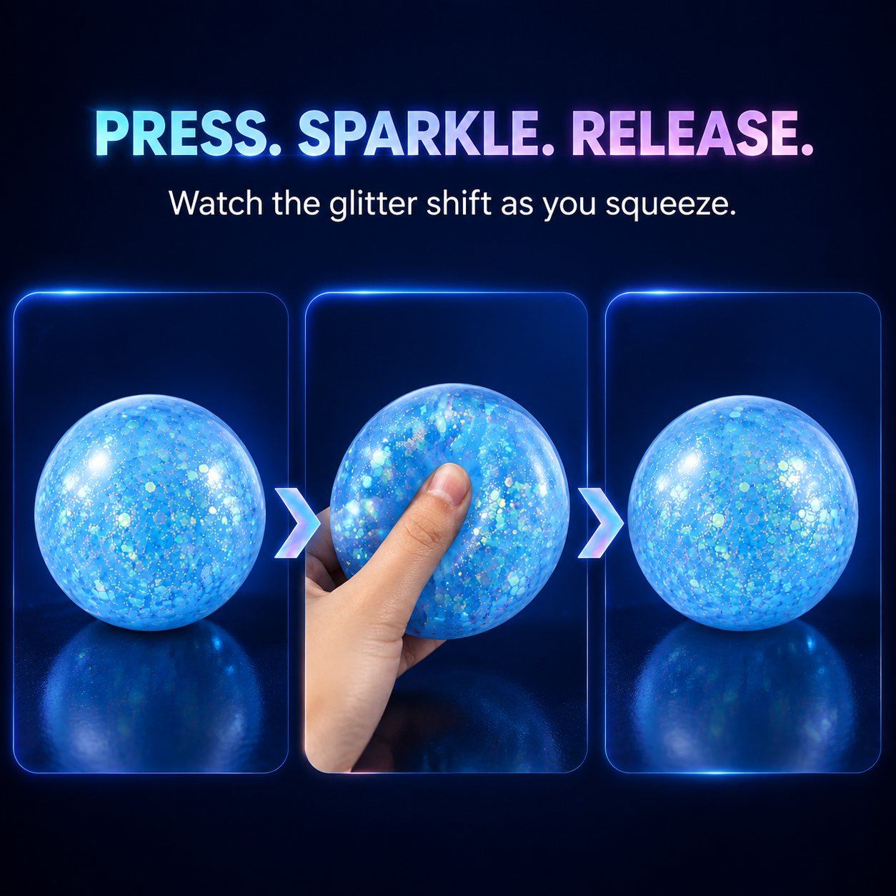 Glitter gel ball press sparkle and release sequence