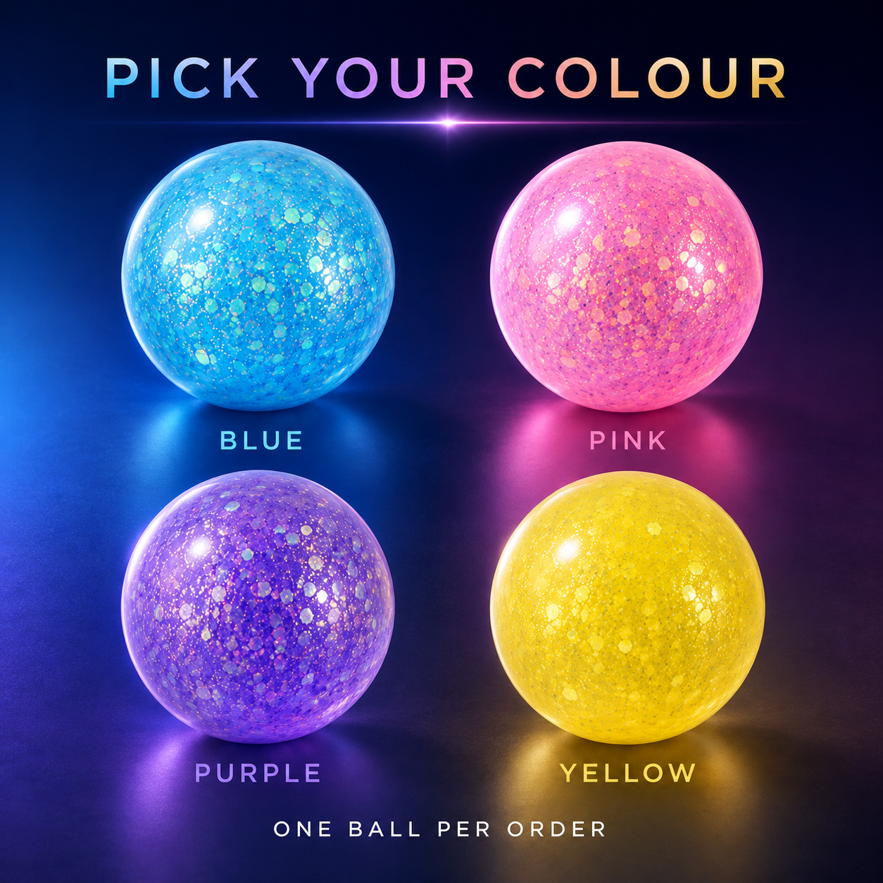 Blue pink purple and yellow glitter gel ball options