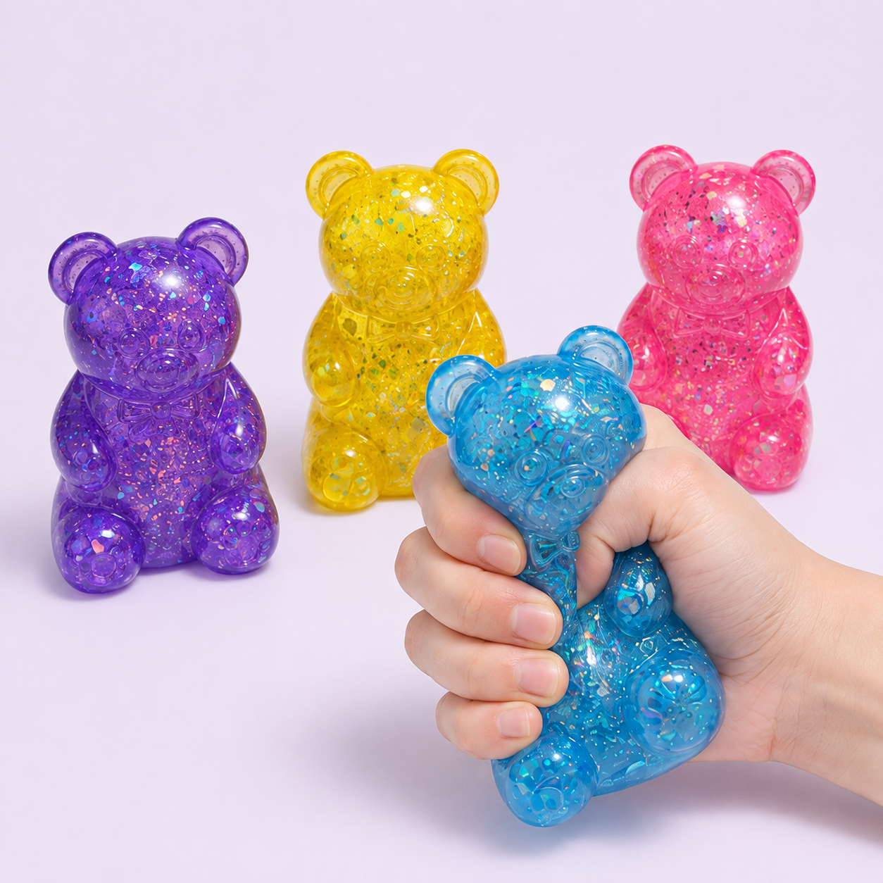 Four glitter gummy bear squishy colours with blue bear being squeezed