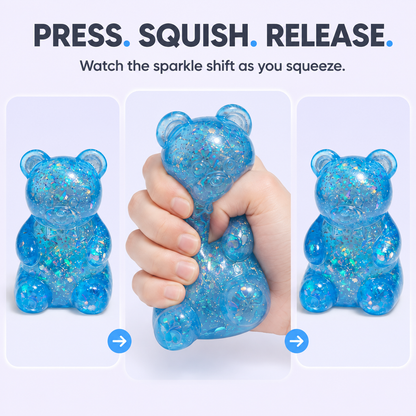 Blue glitter gummy bear press squeeze and release demonstration