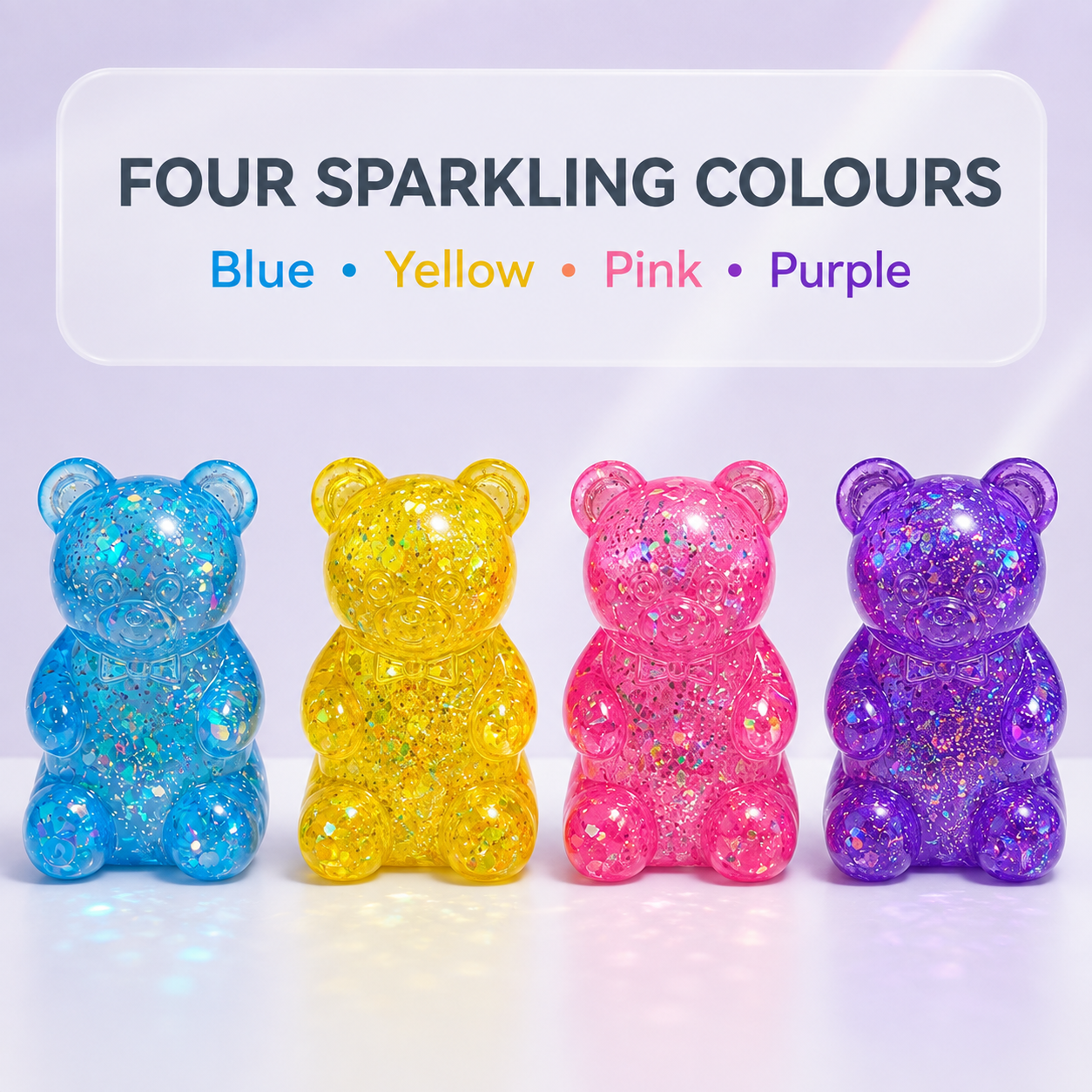 Blue yellow pink and purple glitter gummy bear squishy toys