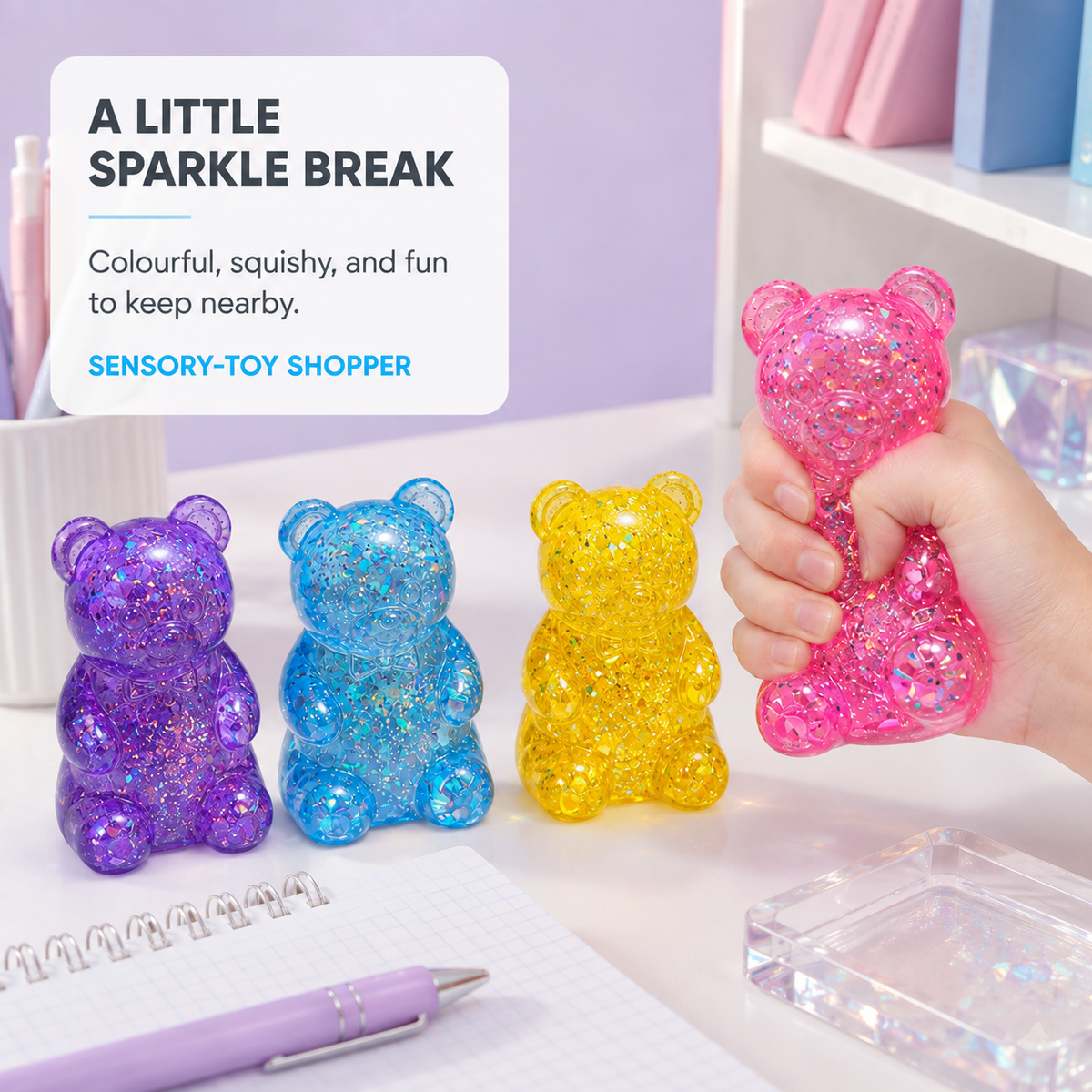 Four glitter gummy bear squishy toys on a colourful desk
