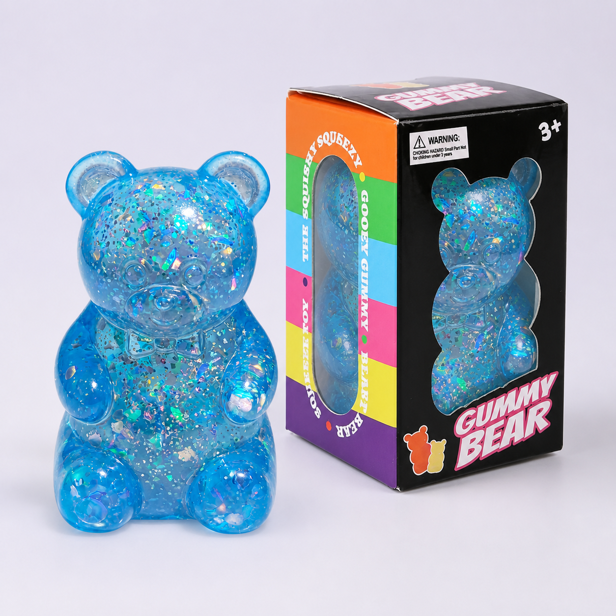 Blue glitter gummy bear squishy with individual retail box