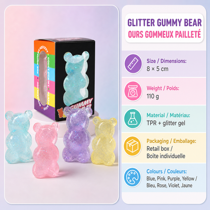 Glitter gummy bear squishy specifications in English and French