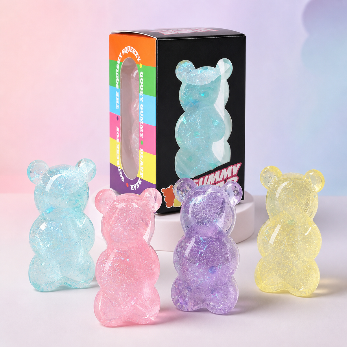 Boxed glitter gummy bear squishy in four colours