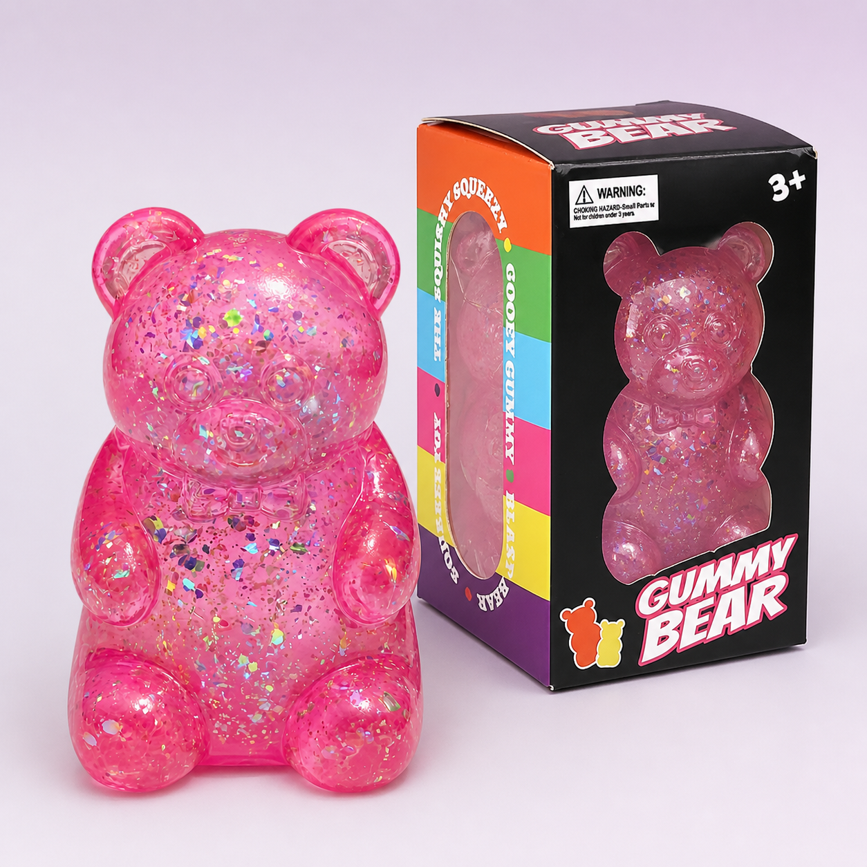 Pink glitter gummy bear squishy with individual retail box