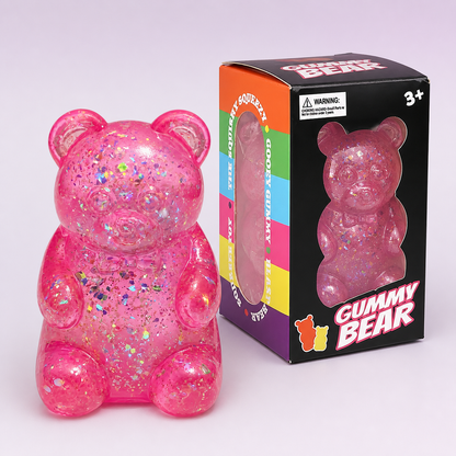 Pink glitter gummy bear squishy with individual retail box