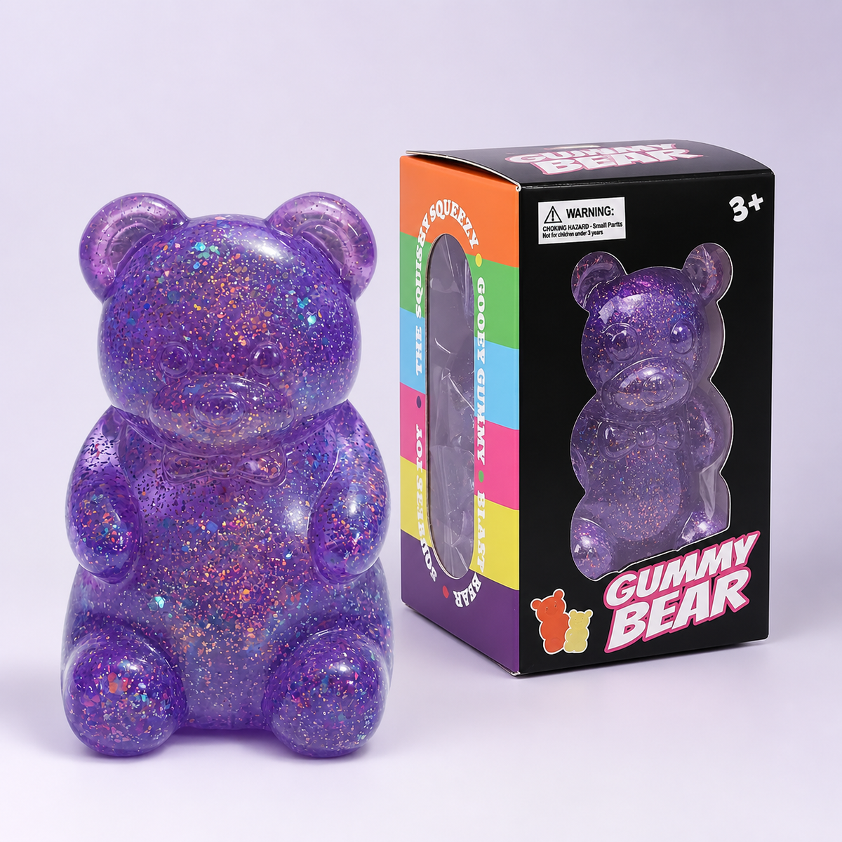 Purple glitter gummy bear squishy with individual retail box
