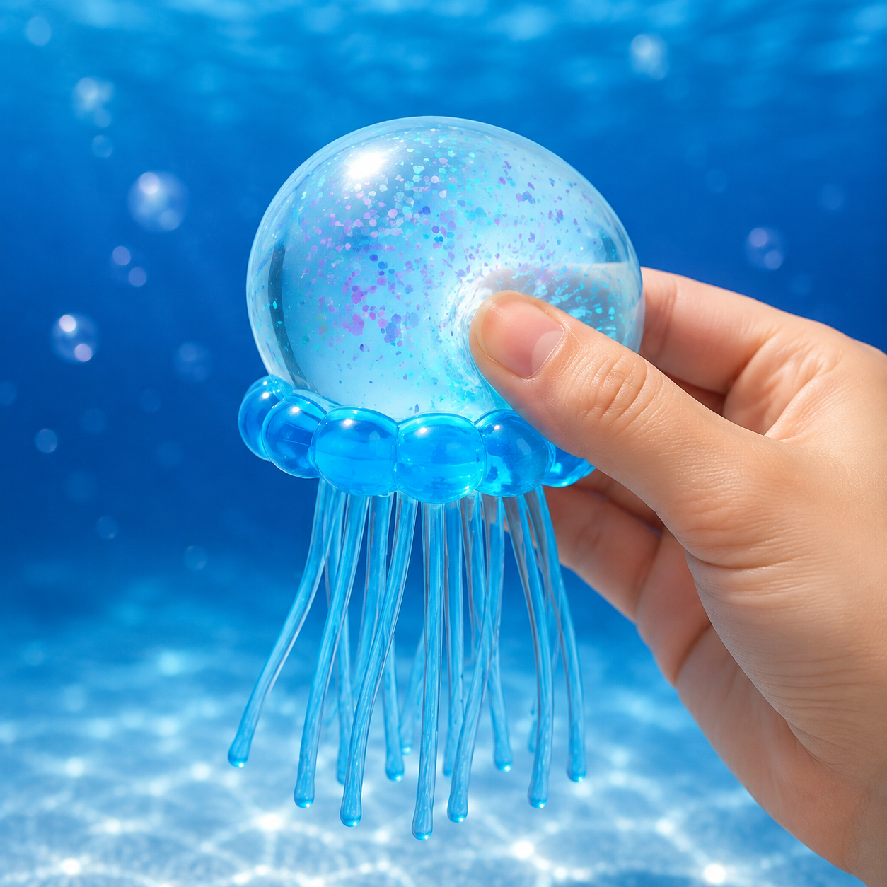 Blue glitter jellyfish squeeze toy with hand pressing the dome